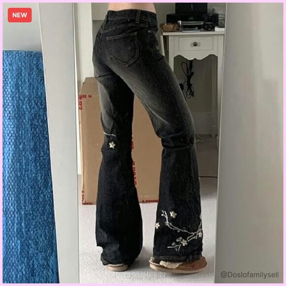 Stretchy Flare Jeans Mid Rise Embroidery Vintage Denim Y2K Retro - Picture 6 of 8